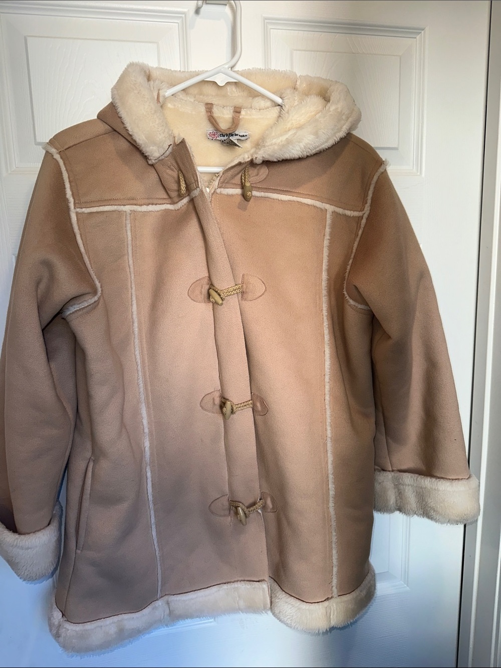Women's Tan Teddy Toggle Coat with Hood